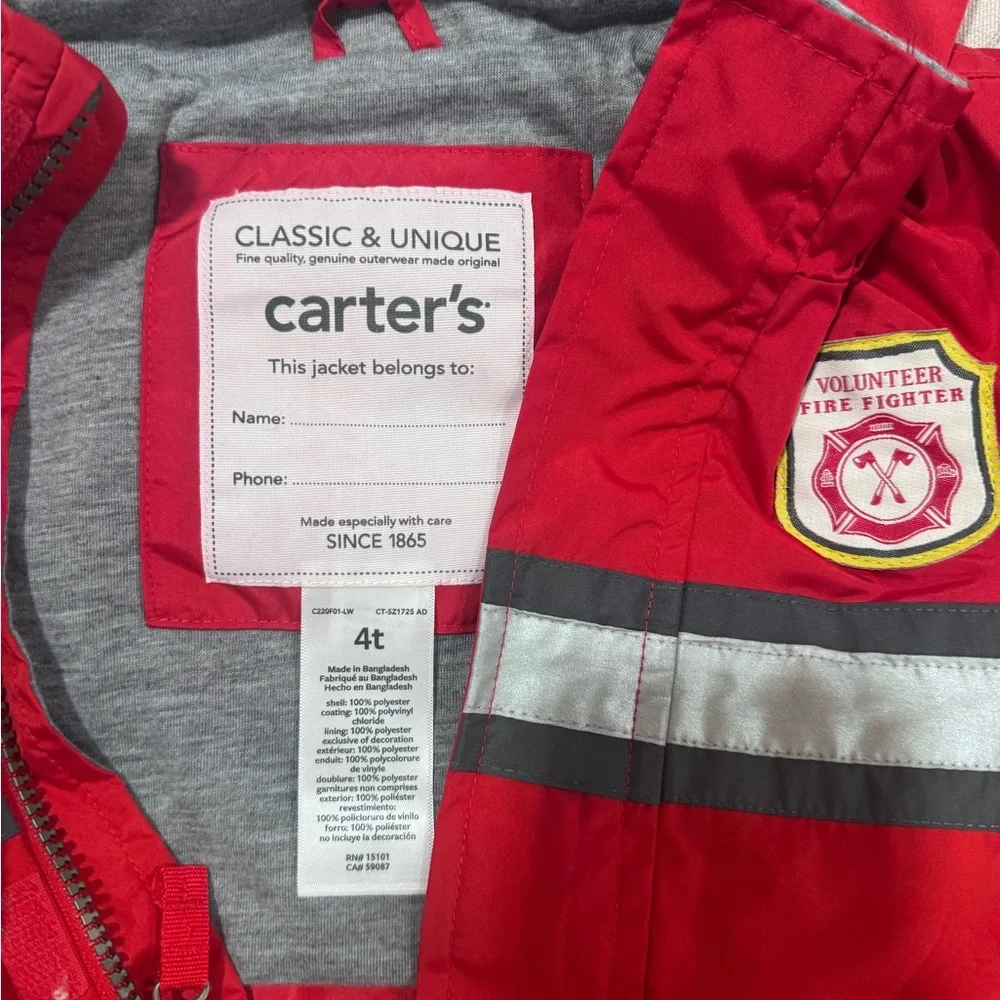 Carter's Red Hooded Jacket with Reflective Stripes and Firefighter Patch